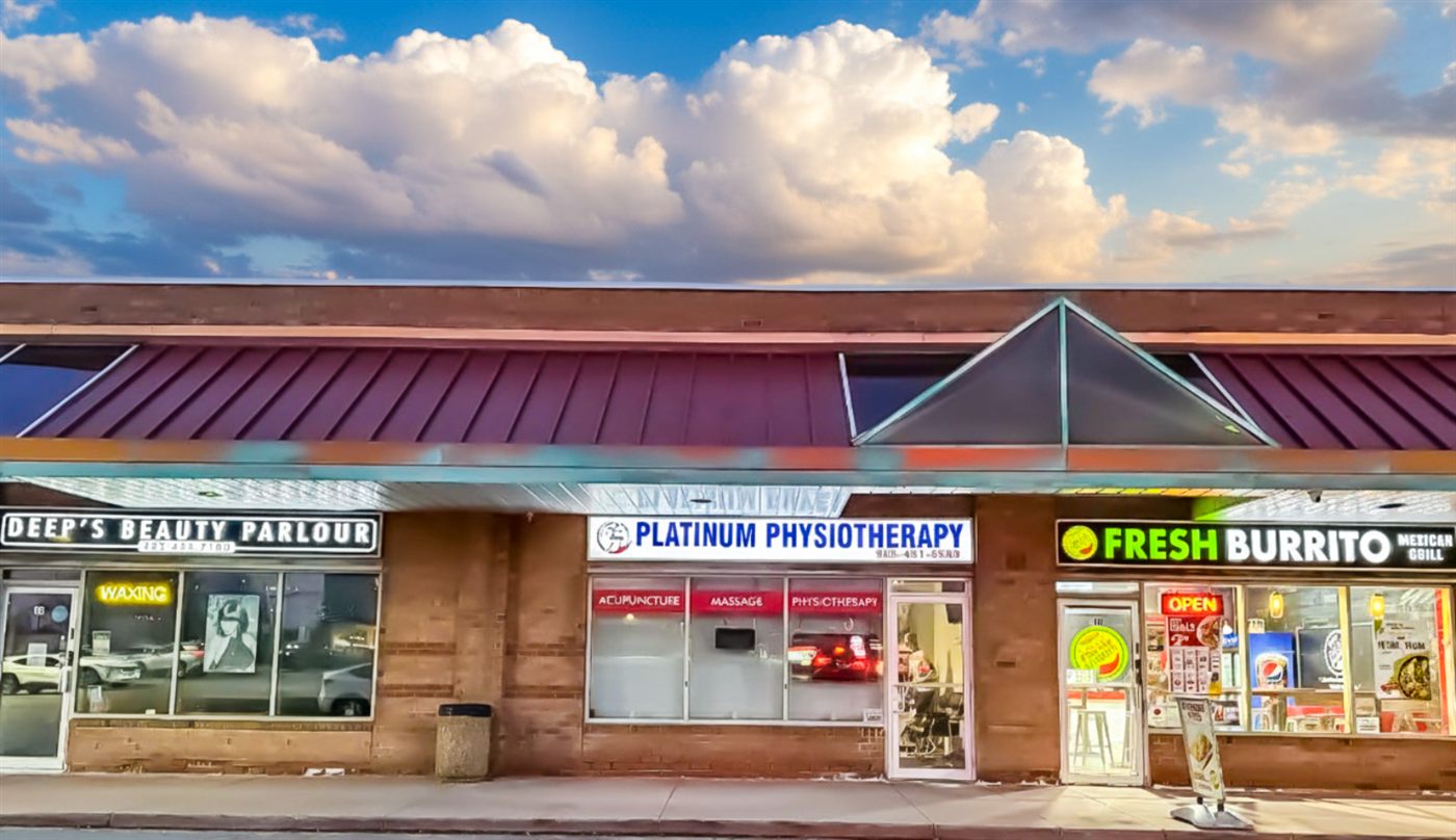 Platinum Physiotherapy Brampton clinic exterior at College Plaza, 545 Steeles Ave W Unit 11 — physiotherapy, massage therapy and chiropractic clinic near Sheridan College